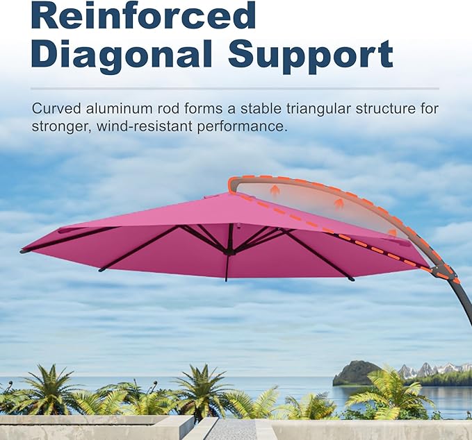 11FT Cantilever Umbrella with Base Large Curvy Outdoor Aluminum Offset Umbrella w/ 360° Rotation, UV Resistant Canopy for Patio, Garden, Backyard, Rose Pink