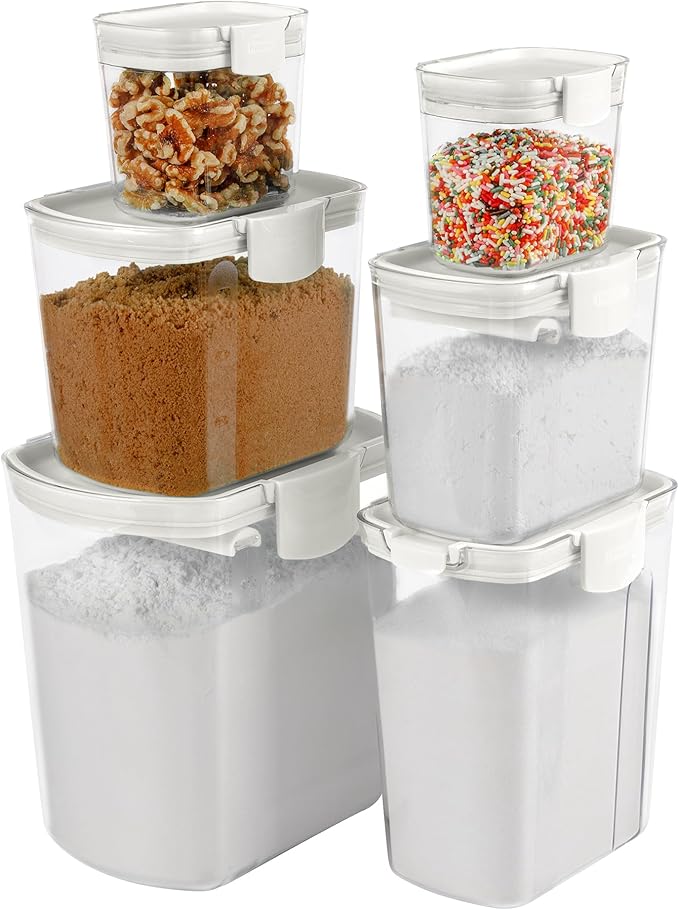 Progressive ProKeeper Baker's Airtight Kitchen Storage Canister Container Set for Flour, Sugar & More, Keeps Ingredients Fresh, with Accessories (White, 6- Piece)