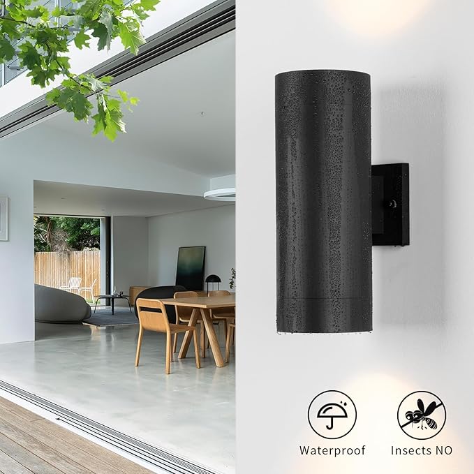 mirrea 14" Modern Outdoor Porch Light Patio Light in 2 Lights with Aluminum Cylinder and Tempered Glass Cover Waterproof Wall Sconce 2 Pack (Matte Black)