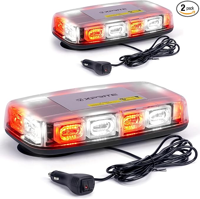 Xprite 2PCS Upgraded 12" 72LED Rooftop Mini Strobe Lights, Emergency Safety Flashing Beacon Light Bar with Magnetic Base for 12V-24V Construction Vehicles,Trucks,Snow Plow,Postal Car (Mix White/Red)