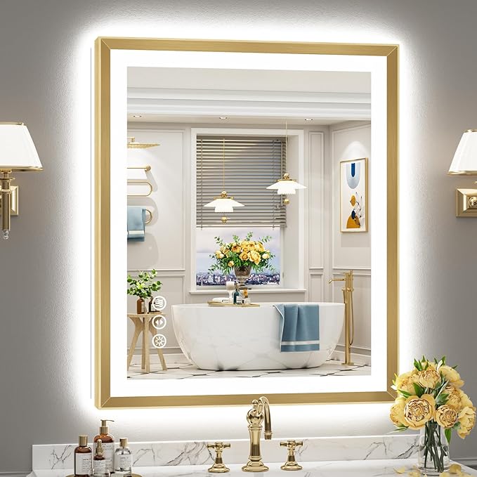30x36 Gold Beveled LED Bathroom Mirror with Lights, Brushed Gold Framed Backlit and Front Lit Anti-Fog Lighted Vanity Mirrors for Bathroom Wall, Dimmable, 3 Colors, Memory, HD Tempered Glass
