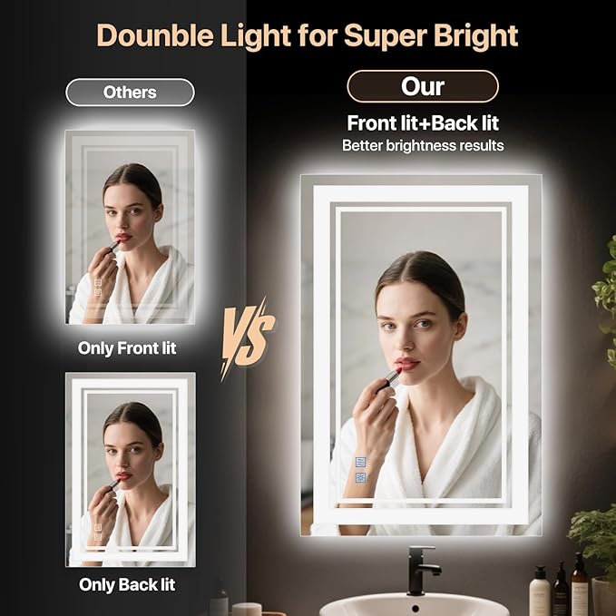 60x36 Inch LED Bathroom Mirror, Anti-Fog Dimmable Vanity Mirror with Lights, 3 Color Memory Function, UL Listed Backlit Mirror for Over Sink