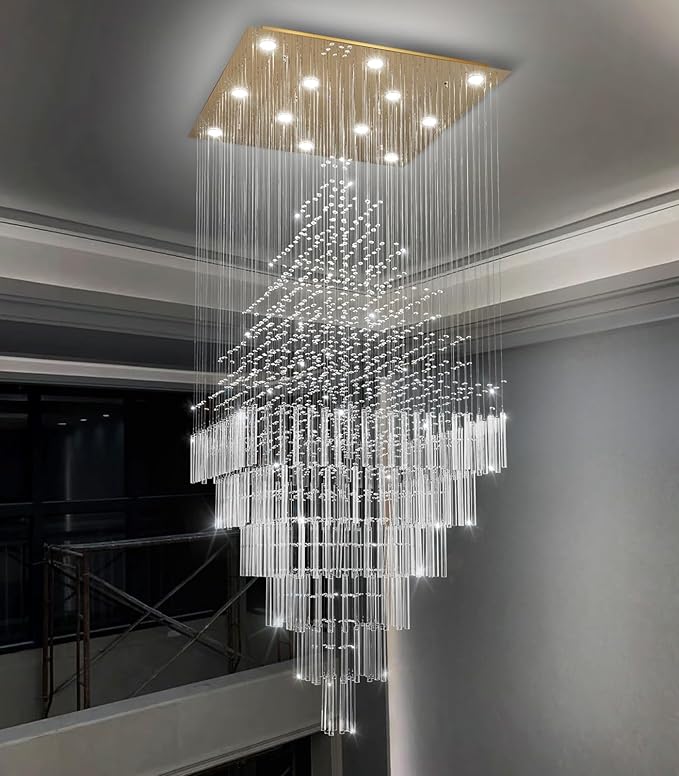 W32 x H120 Glam Chandelier with LED Bulbs Square Chandeliers, Crystal Raindrop High Ceiling Pendant Light for Entrance Large Villa Foyer Lighting Fixtures Gold