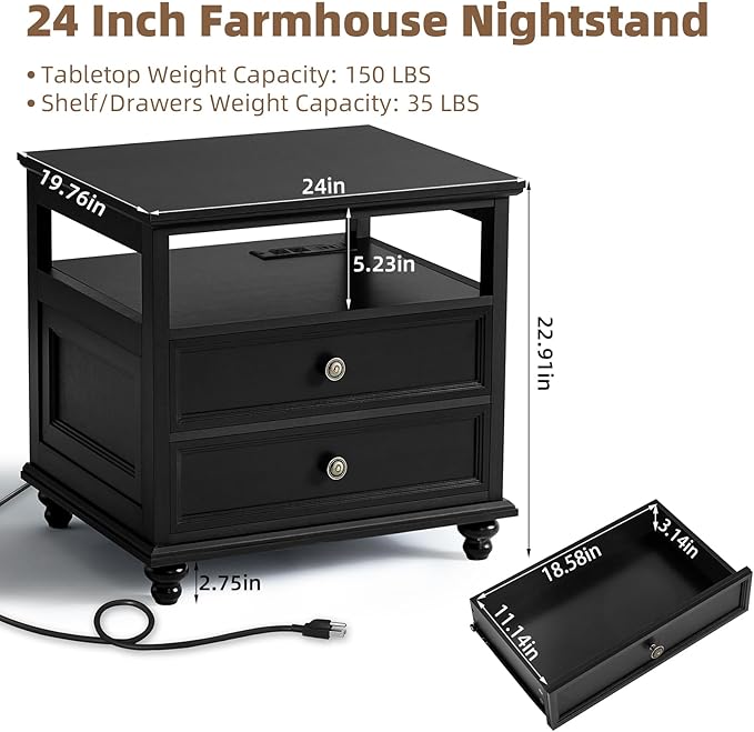 Farmhouse Nightstand Set of 2 with Charging Station, 24" Wide End Table with 2 Drawers,Wood Dresser for Bedroom,Black Bed Side Table Chest of Drawers Cabinet,Night Stand for Living Room