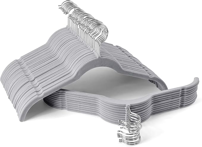 Premium Velvet Shirt Hangers 50 Pack, Space-Saving Non-Slip Felt Hanger with 360° Swivel Hook, Slim Flocked Hangers for Strappy Dresses, Blouses, Tank Tops(Grey)