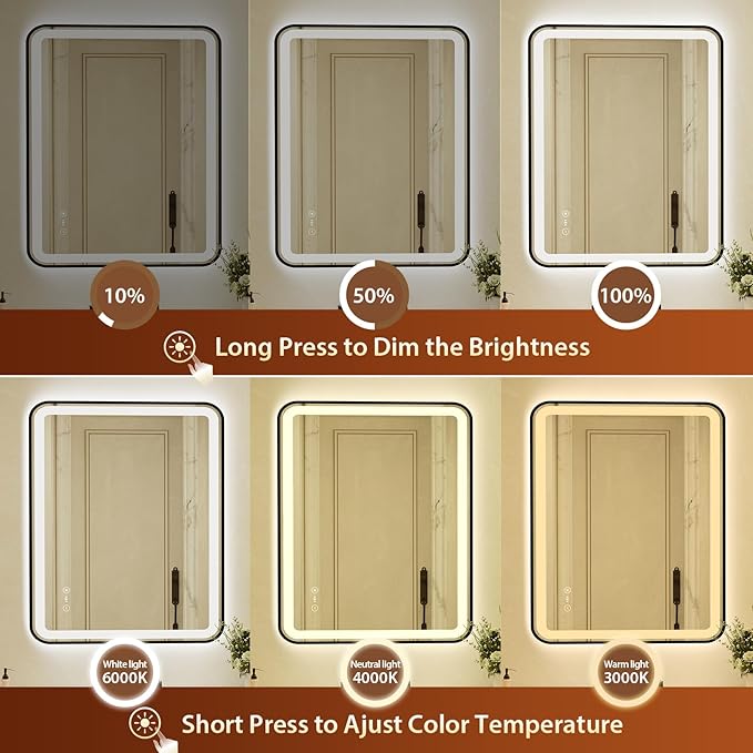 32x40 Inch Black Framed LED Bathroom Mirror with Lights,Smart Bathroom Mirror,Motion Sensor,Tempered Glass,Anti-Fog,Stepless Dimmable & 3 Colors,Memory,Vanity Mirror for Wall