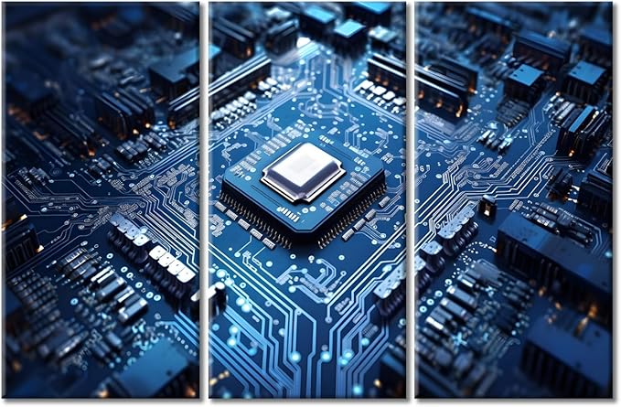 CPU Concept Canvas Wall Art for Living Room Home Decor Technology Blue AI Poster Prints on Canvas 3 Pieces Chip Wall Decorations for Bedroom Bathroom Office Framed Ready to Hang, 60"Wx40"H