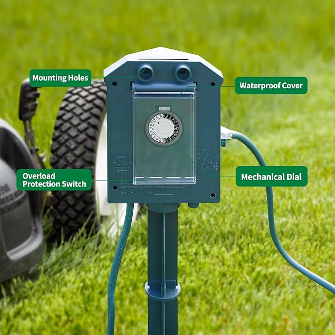 Flexora Outdoor Power Strip with 24-Hour Mechanical Timer, 100 FT Extension Cord Waterproof, 6 Grounded Outlets for Graden and Yard Decorations, ETL Listed