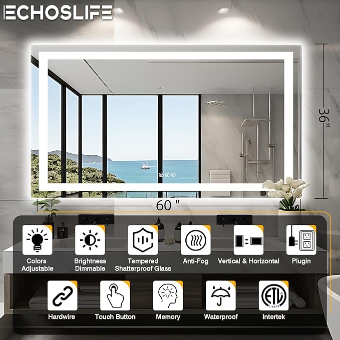 60"x36" LED Mirror for Bathroom, Front and Backlit, Anti-Fog Bathroom Mirror with Lights, Stepless Dimmable Lighted Mirror, 3 Colors Smart Mirror (Horizontal/Vertical)