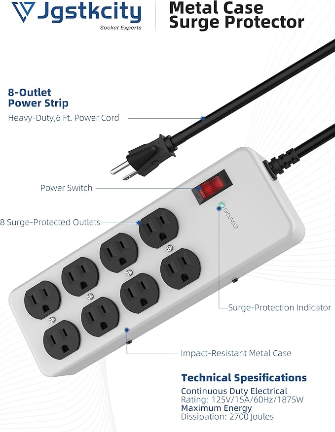 Heavy Duty Power Strip,Industrial Heavy Metal Case Surge Protector,8 AC Outlets,15Amp,2700 Joules,Protected' Indicator,14 Gauge Cord (Grey, 6FT Length)