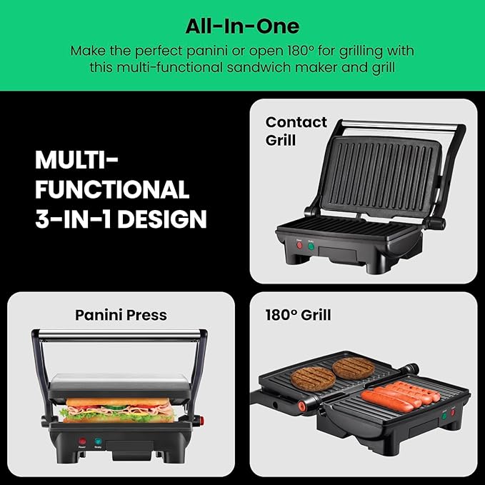 Chefman Electric Panini Press Grill and Gourmet Sandwich Maker w/ Non-Stick Coated Plates, Opens 180 Degrees to Fit Any Type or Size Food, Dishwasher Safe Removable Drip Tray, Stainless Steel/Black