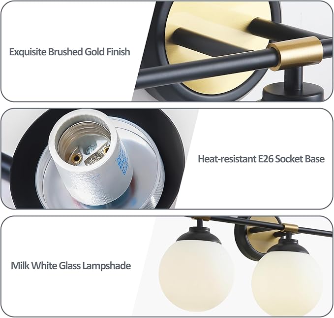Rayogale Bathroom Light Fixtures, 2-Light Black & Gold Vanity Lights Over Mirror with White Glass Shade, 15 Inch Bathroom Wall Sconces for Bedroom Living Room (Bulbs Not Included)