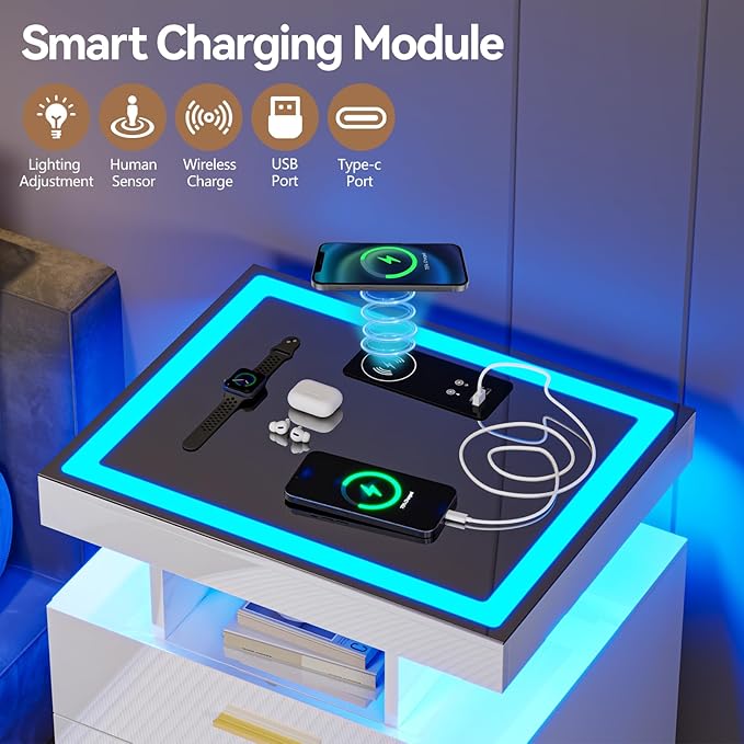 White Night Stand Set 2 with Wireless Charging Station,Smart Bedside Table with 3 Drawers,Modern Glass Top End Table with 3 Color Dimmable,LED Nightstand for Bedroom