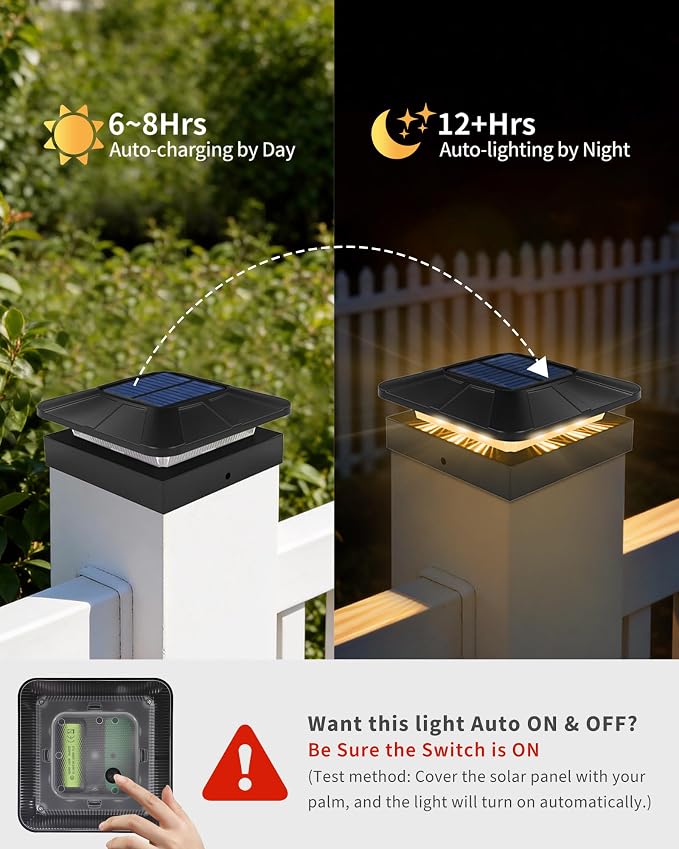 4x4 Post Solar Lights, 3 Colors Solar Fence Lights, 2 Brightness Solar Post Cap Lights Waterproof, Deck Lights for Wood/Vinyl Posts, Garden, Patio, Stripe Light, 4 Pack