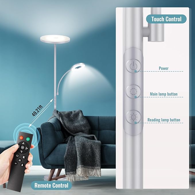 Silver Gray Floor Lamp, 42W 4000LM Super Bright LED Lamp with Reading Light for Living Room Bedroom Office, Dimmable Standing Lamp with Remote & Touch Control