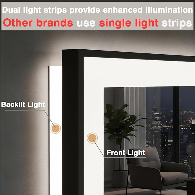 55x36 LED Bathroom Mirrors for Wall -Black Aluminum Trim (Front and Backlit), Anti-Fog Light Up Mirror,Stepless Dimmable Lighted Mirror,3 Colors Smart Mirror(Horizontal/Vertical)