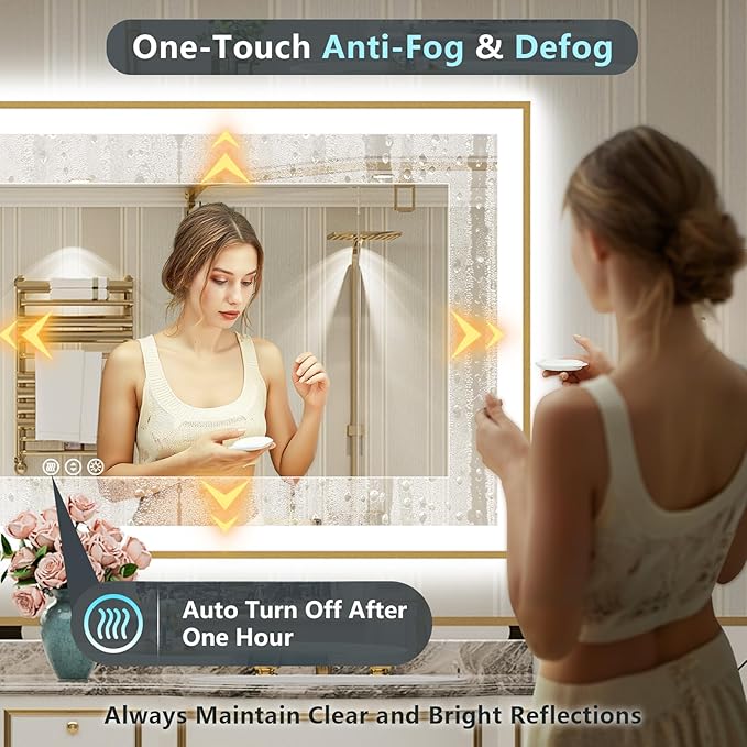96x36 Gold LED Bathroom Mirror with Lights, Brushed Gold Framed Backlit and Front Lit Anti-Fog Lighted Vanity Mirrors for Bathroom Wall, Dimmable, 3 Colors, Memory, HD Tempered Glass, CRI＞90