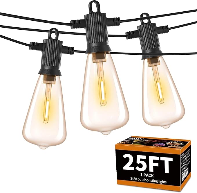 ZOTOYI Outdoor String Lights 25FT, Waterproof IP65 Patio Lights with 13 Shatterproof ST38 LED Bulbs, Outside Hanging Light Dimmable for Backyard, Bistro, Cafe, Garden 2700K Warm White