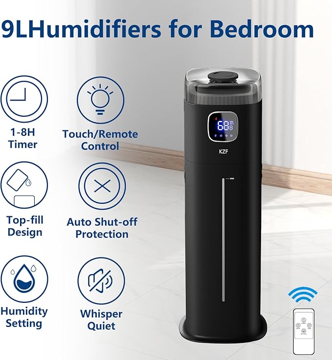 KZF Large Humidifier for Bedroom, 9L/2.5Gallon Ultrasonic Cool Mist Humidifier with Humidistat, 360°Nozzle, 350ML/H Big Mist Level, Suitable for Kids Room Livingroom Yoga Office Plant