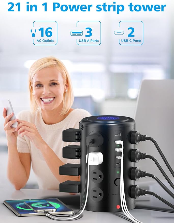 Power Strip Tower Surge Protector with 16 Outlets and 5 USB Ports (2 USB-C), 20FT Extension Cord with Multiple Outlets,Heavy Duty Charging Station,Home Office Dorm Room Essentials.No Wireless Charging