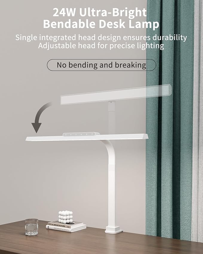 LED Desk Lamps for Home Office, 24W Bright Eye-Caring Desk Light with Clamp, Stepless Dimming Adjustable Flexible Gooseneck Clip on Office Lamp with Adapter for Reading, Study, Workbench,White