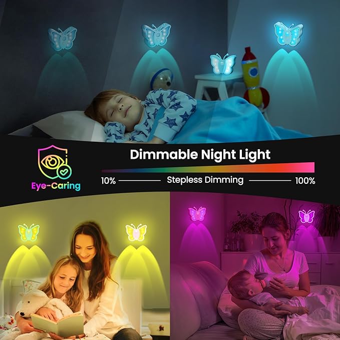 LOFTEK Rechargeable Motion Sensor Light, 2 Color Modes, Dimmable RGB Ambient Lighting, Cute Butterfly Light for Kid's Bedroom, Bathroom, Hallway, Tent & Stairs - Ideal Home Decor & Gift, White of 4