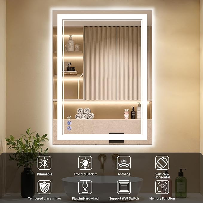 24"x42" LED Bathroom Mirror with Lights, Anti-Fog, Backlit + Front Lit, Dimmable, Led Vanity Mirror for Wall, Lighted Bathroom Mirror, 3 Colors, Shatter-Proof Tempered Glass
