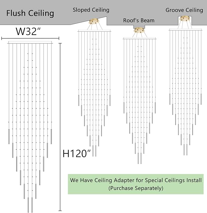 W32 x H120 Glam Chandelier with LED Bulbs Crystal Raindrop High Ceiling Pendant Light for Entrance Large Villa Chandelier Foyer Lighting Fixtures Gold