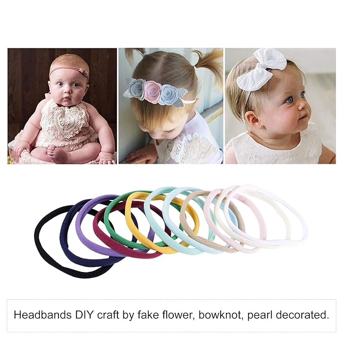 Lawie 60 Pack Bulk Super Soft Stretchy Elastic Nylon Headbands Bow Nude Hairband Slim Turban Headwrap Hair Ties Ponytail Holder for Newborn Infant Toddler Baby Girls