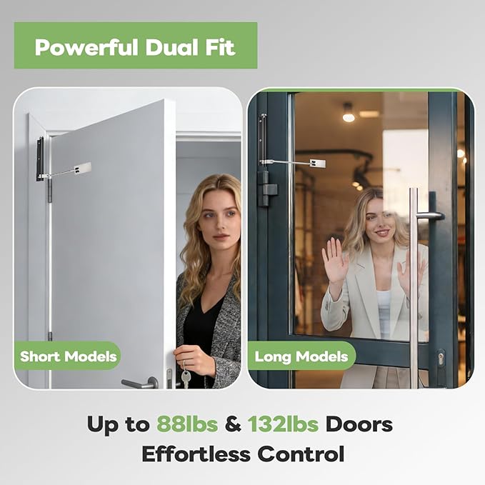 Automatic Door Closer, Stops Door Slamming, Ultra-Quiet Soft Close for Home & Apartment Doors, Upgraded Aluminum Roller Arm, Scratch-Free, Adjustable Speed, Self Closing Spring Door Closer, Silver