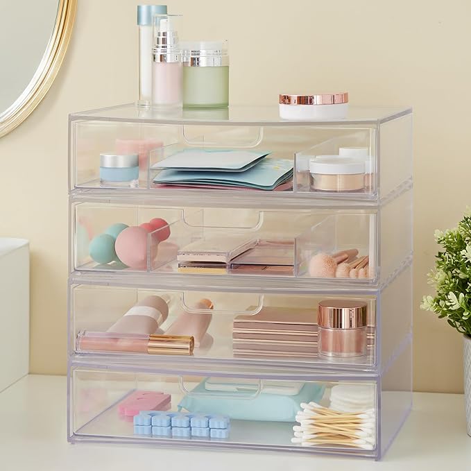 STORi STAX Plastic Stackable Organizer Drawers (Set of 2) Clear | 12.5" Wide | Set Includes One Open Drawer & One Divided Drawer | Organize Office Desk Accessories & Sort Paper | Made in USA