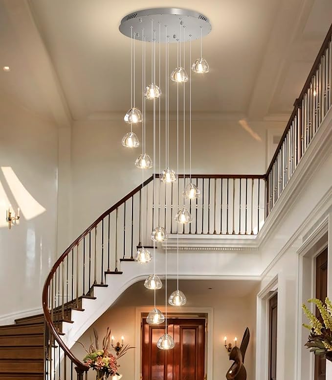 LED Glam Chandelier 118 inches Long Light Luxury Crystal Ceiling Chandeliers Remote Dimmable High Ceiling Pendants Lighting Fixtures Brushed Nickel 15 Lights