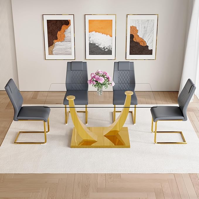 AZmac 63" Glass Dining Table Set for 4,Luxury Gold Dining Room Set with Stainless Steel Pedestal, Rectangular Tempered Glass Kitchen Table with PU Leather Chairs, for Kitchen Apartment