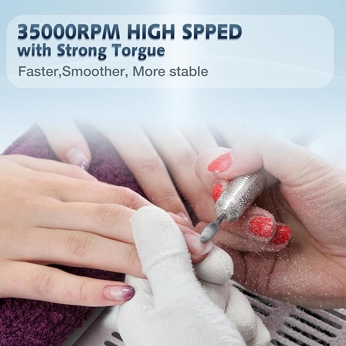Professional Nail Drill Machine, HoMove 35000RPM Portable Nail Drills, Rechargeable Efile Nails Drill, Low Heat Electric Nail File for Acrylic Gel Nails（Grey）