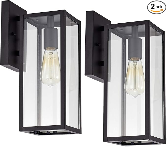MICSIU Black Outdoor Wall Light Fixture 2 Pack, 13.75" Modern Farmhouse Exterior Wall Sconce with Clear Glass, Anti-Rust Outside Porch Lights for House Garage Patio, E26 Base 100W Max, ETL Listed