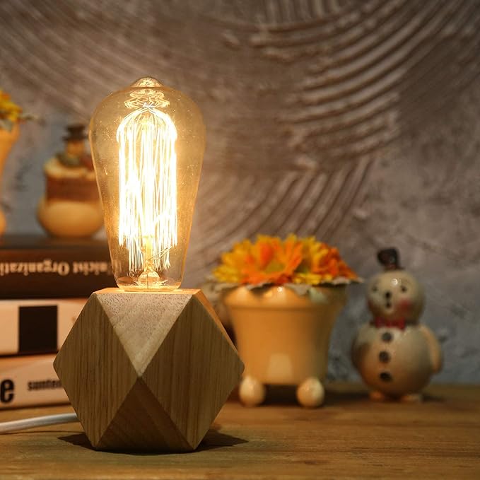 OuXean Small Wood Table Lamp Edison Bulb Dimmable Desk Lamp E26 60W Industrial Night Light Boho Deco for Bedroom, Living Room or Office(No Bulb)