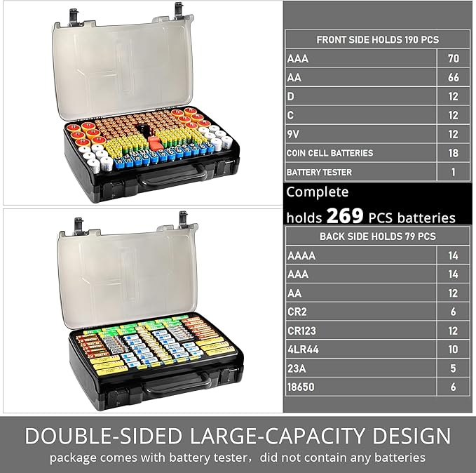Aptbyte Battery Organizer Storage Holder Box Case with Tester- 269 Batteries Double-Sided Variety Pack, Holds AA AAA 4A C D Cell 9V 3V Lithium LR44 CR2 CR123 CR1632 18650 Button- Grey