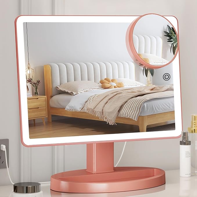Funtouch Large Lighted Vanity Makeup Mirror, 14.56 in x 8.97 in, 88 LED, 360 Rotation Touch Screen, 10X Magnification Tabletop Cosmetic Make Up Mirror, Rose Gold