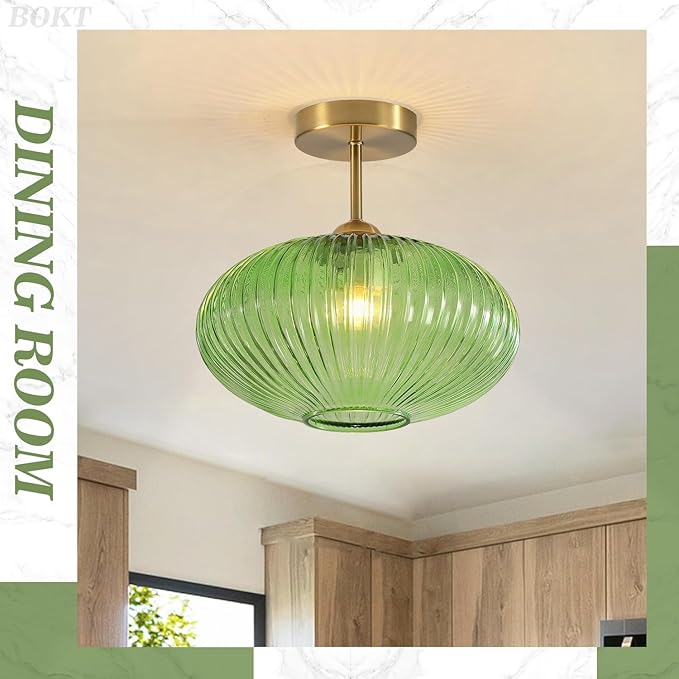 BOKT 9.8 Inch Glass Flush Mount Light Fixture Green Modern Flush Mount Ceiling Light 2 Pack Ceiling Light Brushed Brass Vintage Ceiling Lamp Schoolhouse Pendant Hallway Light Fixtures