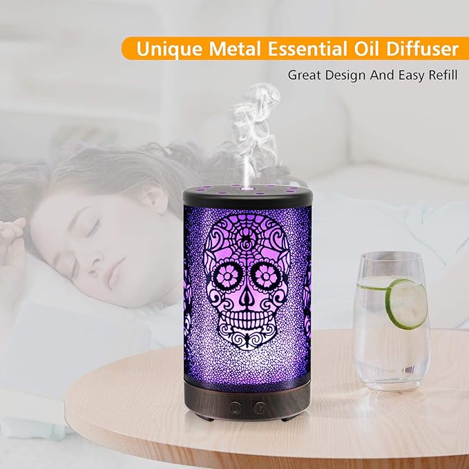 Skull Essential Oil Diffuser, Daroma 100ml Metal Aromatherapy Ultrasonic Cool Mist Humidifier Air Scent Home Office Gift, 7 Colors Changed LED Mood Light, Waterless Auto-Off
