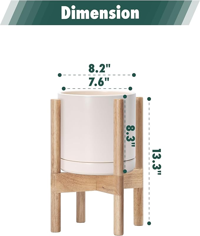 D'vine Dev Ceramic Planter with Natural Stand - 8 Inch Modern Round Flower Pot with Wood Planter Holder, Oatmeal, 55-B-N-8