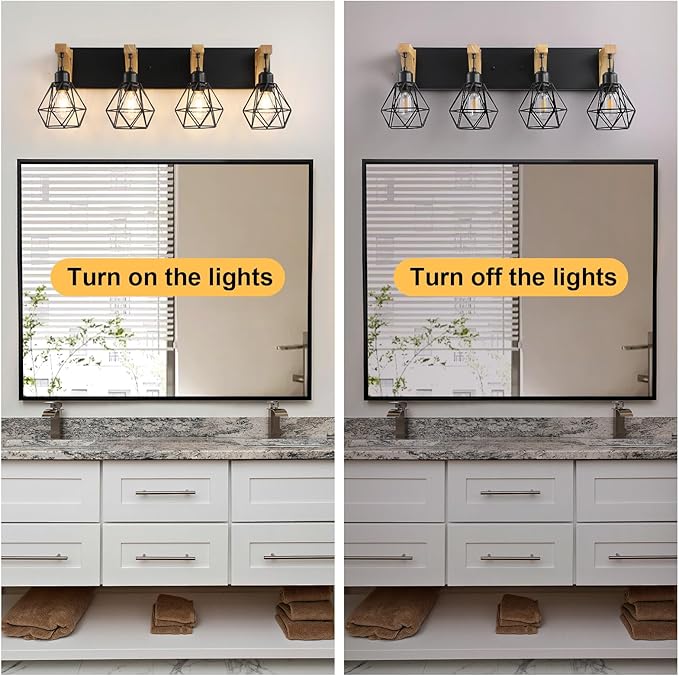 maesta 4-Light Farmhouse Bathroom Vanity Light Fixtures, Wood Bathroom Light Over Mirror, Rustic Sconces Wall Lighting with Elegant Metal Lampshade for Living Room, Bedroom, Hallway