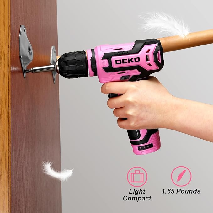 Cordless Drill：DEKOPRO 12V Power Drill Set with Pink 800RPM Electric Drills with Tool Set Gift Box, Pink Drill Set for Women