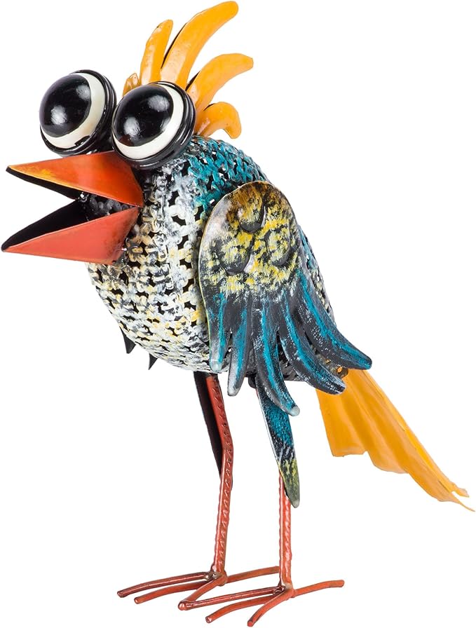 Alpine Corporation 11" Tall Outdoor Metal Wide-Eyed Bird Standing Yard Statue Decoration, Multicolor