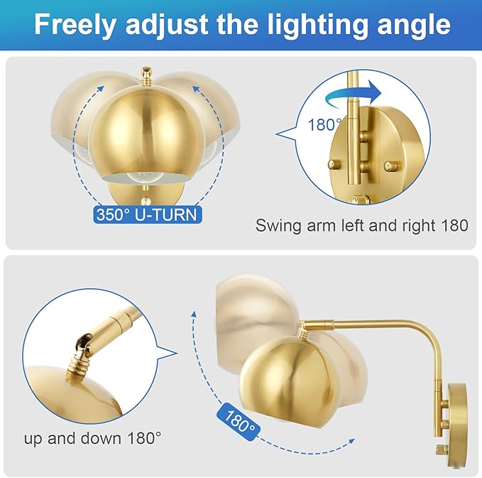 VATONI Wall Sconce with Remote Control, Plug in Wall Sconces Dimming 0-100% and Adjustable Color Temperature 2700K-6000K, Brushed Brass Globe Swing Arm Wall Lights with Plug in Cord(2 Pack, 2 Bulbs)
