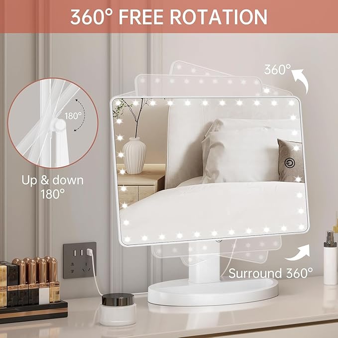 FUNTOUCH Large Lighted Makeup Mirror with Lights, Light Up Mirror with Small 10x Magnification for Desk, 360°Rotation Touch Screen,Brightness Adjustable Tabletop Cosmetic Vanity Make Up Mirror