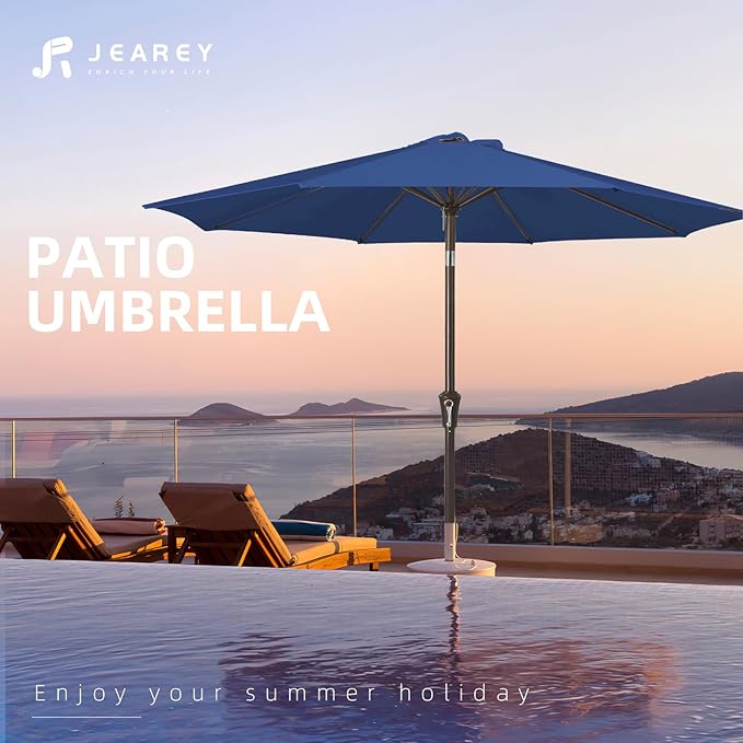 JEAREY 9FT Outdoor Patio Umbrella Outdoor Table Umbrella with Push Button Tilt and Crank, Market Umbrella 8 Sturdy Ribs UV Protection Waterproof for Garden, Deck, Backyard, Pool (Dark Blue)