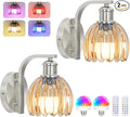 Rechargeable Battery Operated Wall Sconce Set of Two with Amber Glass Lampshade, Wireless Wall Scone Decor with Remote Control, 15 Colors Brushed Nickle Wall Light for Bedside Hallway Bedroom Doorway