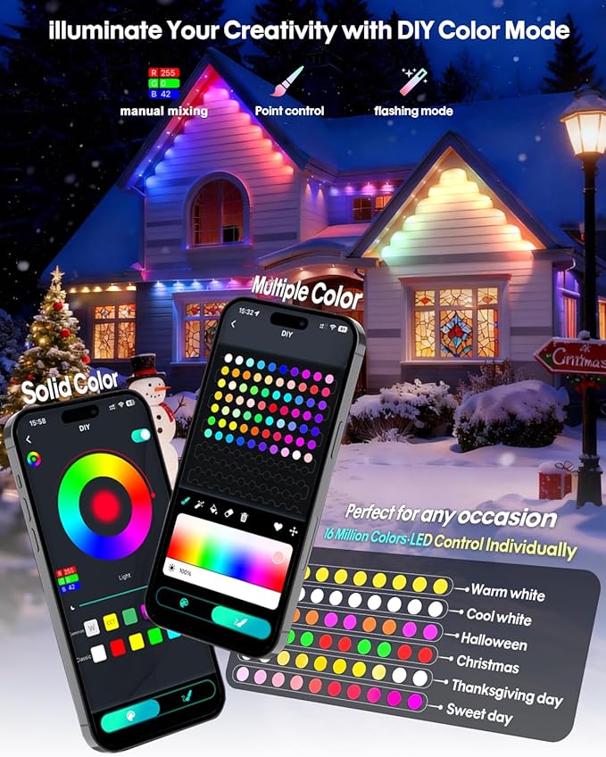 Permanent Outdoor Lights 50FT, Smart RGB+IC Eave Lights with Remote APP Control, DIY LED Color Individual, White & Colorful Christmas String Light, IP67 Waterproof for House Outside Decor