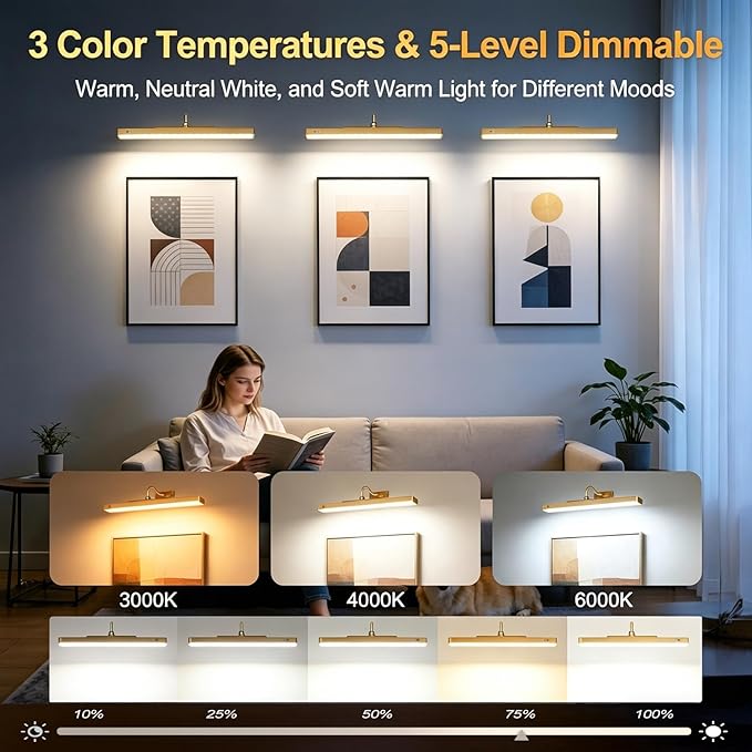 TANBABY 16'' Wireless Picture Lights for Wall, 6000mAh Rechargeable Battery Operated Light with Motion Sensor, 3CCT Dimmable, Timer, Magnetic Poster Lights with Remote for Gallery, Living Room-2Pack
